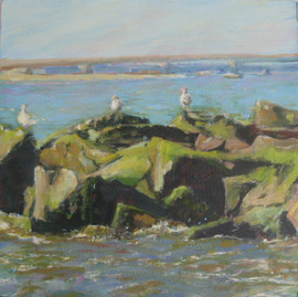 Gulls on the Rocks - 12x12, Acrylic on Canvas, $400